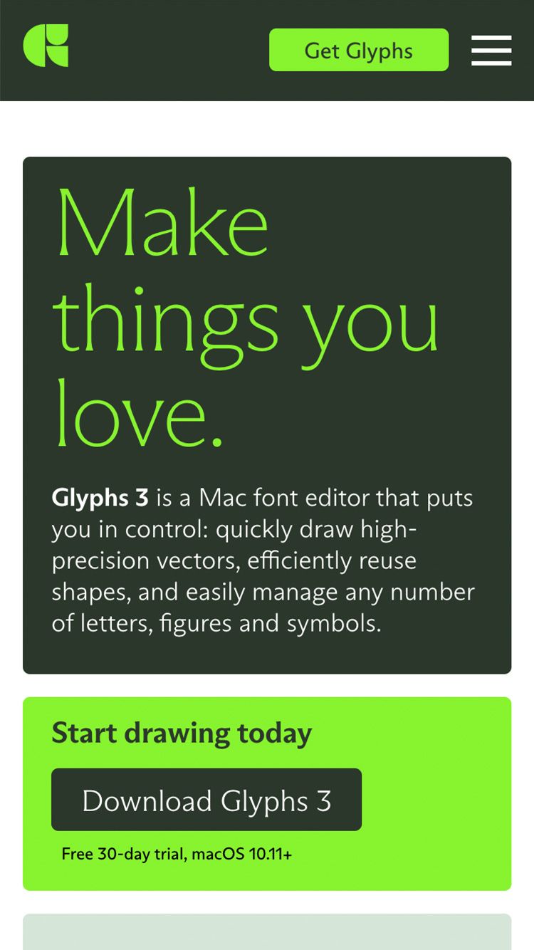 Mobile view of the Glyphs 3 website