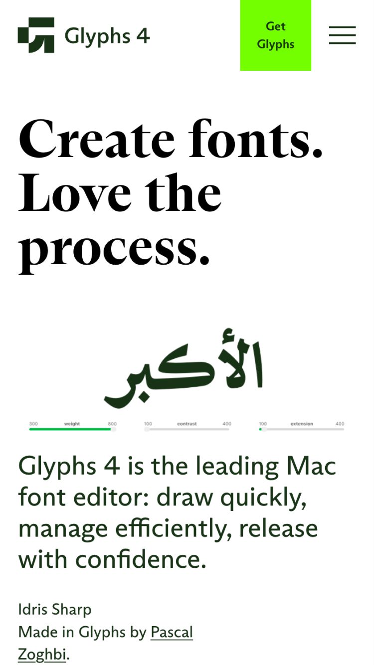 Mobile view of the Glyphs 4 website