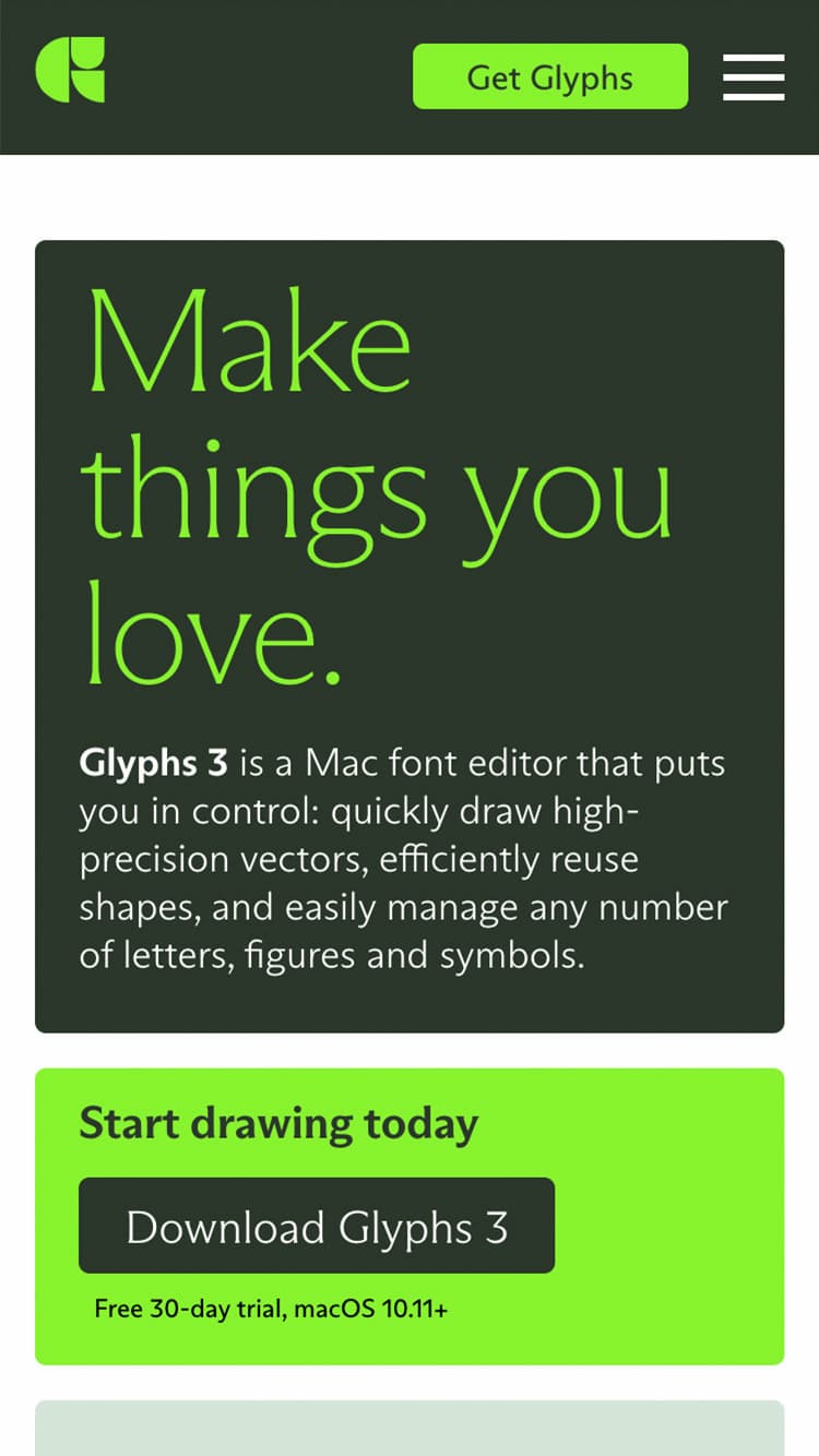 Mobile view of the Glyphs website