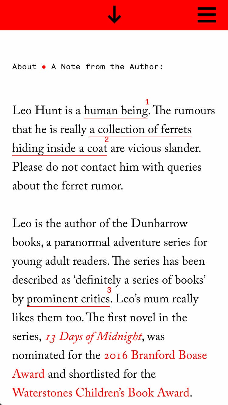 Mobile view of the Leo Hunt website